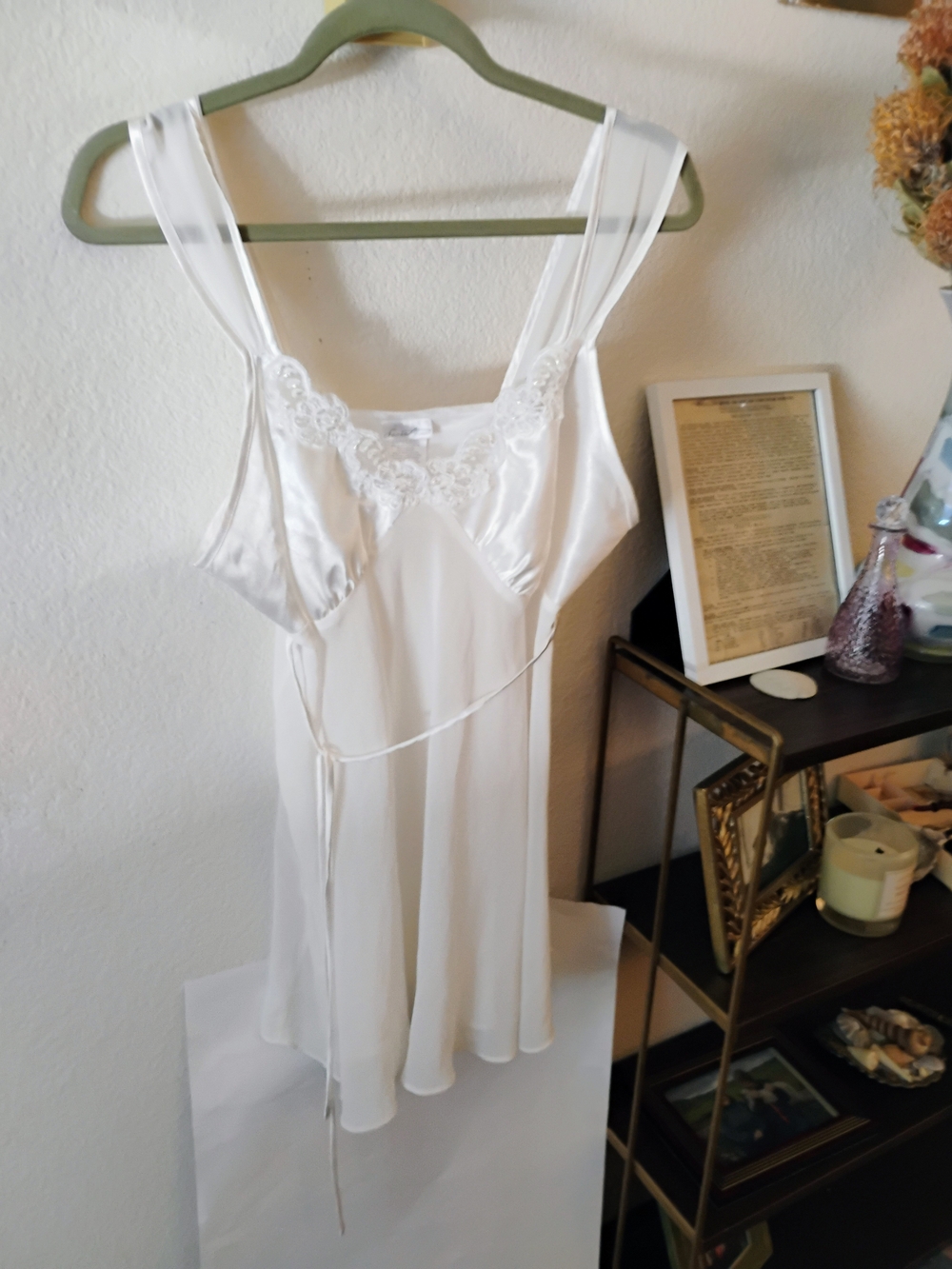 Vintage Secret Treasures Ivory White Satin Chiffon Babydoll Nightgown Pearl Sz L
